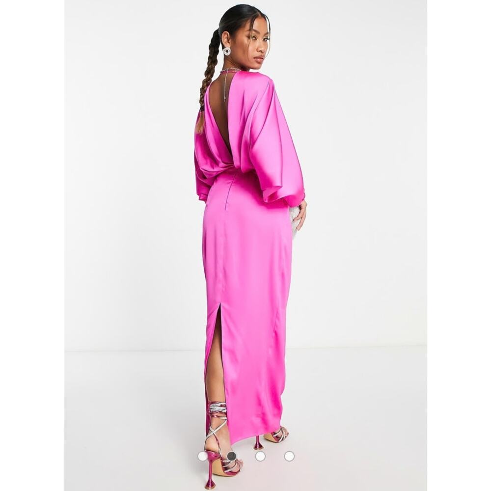 ASOS EDITION Satin Batwing Drape V-Back Maxi Dress Bright Pink NWT US 10